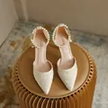Elegant cream pointed-toe stiletto heels with pearl-beaded ankle straps for women - Apricot (5cm Heel)