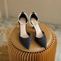 Elegant black pointed-toe high heels with pearl ankle strap for women fashion - Black (5cm Heel)