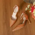Elegant tan crocodile-textured pointed-toe high heels sandals with ankle strap buckle - 34 / 7.5cm / Khaki