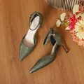 Elegant green crocodile texture pointed toe stiletto sandals with an adjustable ankle strap - 34 / 7.5cm / Dark Green