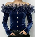 Elegant navy velvet off-the-shoulder top featuring delicate organza ruffles and gold buttons. - Dark Blue