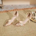 Elegant beige pointed-toe heels with sparkling sequins and adjustable ankle strap - 31 / 7.5cm Champagne
