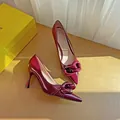 Elegant wine red patent leather pointed toe stiletto heels with stylish chain detail decoration - 34 / 7.5CM Stiletto / Burgundy