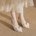 Elegant cream pointed-toe slingback stiletto heels with a decorative bow - 31 / Low Stiletto Heel / White