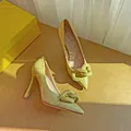Elegant lime green patent leather pointed-toe stilettos with oversized chain detail - 34 / Stiletto / Light Yellow