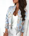 Veste bomber bleu clair à imprimé floral avec fermeture éclair et manches longues pour femme - S / Hauts / Bleu ciel