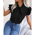 Elegant black short sleeve blouse for women featuring pussy bow and ruffle sleeves - S / Tops / Black
