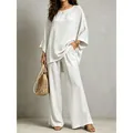 Elegant white cotton linen two-piece set featuring loose top and wide-leg trousers - S / Top And Bottom / White