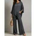 Two-piece dark grey cotton linen set featuring oversized batwing top and wide-leg trousers - S / Top And Bottom / Dark Gray