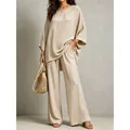 Elegant beige cotton linen two-piece set featuring a loose top and wide-leg trousers - S / Top And Bottom / Khaki
