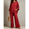 Elegant burgundy cotton linen two-piece set featuring loose top and wide-leg trousers - S / Top And Bottom / Red