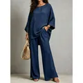 Elegant navy blue cotton linen two-piece set featuring tunic top and wide leg pants - Navy Blue