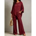 Stylish maroon cotton linen two-piece set featuring oversized top and wide-leg trousers - Burgundy
