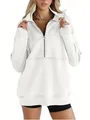 Detail view of a stylish white fleece quarter-zip sweatshirt with stand collar for women - S / Tops / White