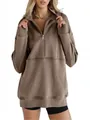 Detailed view of women's mocha fleece quarter-zip sweatshirt with metal zipper - S / Tops / Camel