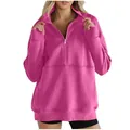 Women's warm magenta pink fleece sweatshirt featuring half-zip stand collar and ribbed trim - Pink