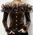 Detail showing the elegant ruffled organza trim and gold buttons on a brown velvet top - S / Tops / Coffee
