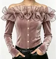 Detailed view of pink off-the-shoulder velvet blouse with ruffled organza collar - S / Tops / Pink
