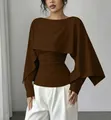 Elegante top capa marrón estilo chal con cuello redondo y cintura plisada de corte ajustado - S / Tops / Café