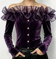 Elegant purple velvet off-shoulder top with ruffled mesh collar and gold buttons - S / Tops / Purple