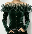 Detail showing dark green velvet off-shoulder shirt with ruffled organza neckline - S / Tops / Dark Green