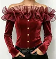 Close-up of wine red velvet off-shoulder blouse with ruffled organza floral collar - Red
