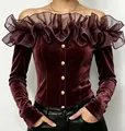 Detailed view of the ruffle collar and gold button accents on a velvet off-shoulder top. - Burgundy