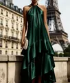 Elegante abito halter in raso verde smeraldo con balze e orlo asimmetrico raffinato - Verde Scuro