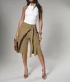 Stylish khaki wrap-style belted skort with white halter top for elegant commuter look - S / Bottoms / Khaki