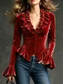 Close-up of red velvet top featuring elegant ruffled neckline and flared sleeve details. - S / Tops / Red