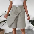 Women's high-waist casual grey skort shorts with wrap front panel and pockets - S / Bottoms / Light Gray