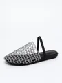 Silver mesh woven flat mules featuring a breathable net design and black elastic back strap. - Silver