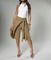 Elegant khaki wrap-style wide-leg culottes with waist tie detail for chic commuting women - S / Bottoms / Khaki