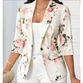 Elegant white floral print blazer with 3/4 sleeves for women trendy casual styling - S / Tops / Pink