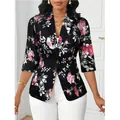 Elegant women's floral print blazer with stylish 3/4 sleeves in classic black and pink - S / Tops / Black