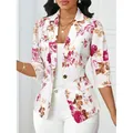 Elegant white floral blazer with 3/4 sleeves and tailored fit for women's style. - S / Tops / Rose Red