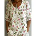Women's floral print short sleeve shirt with doll collar and button closure style - S / Tops / Green Leaf Red Flower