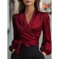 Elegant women's V-neck wine red satin wrap blouse with waist tie and long puff sleeves - S / Tops / Burgundy