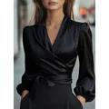 Elegant black V-neck satin wrap blouse with waist bow tie and long lantern sleeves - S / Tops / Black