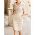 Elegant beige shawl collar wrap dress with pleated waist and slim fit for formal events - S / Dresses / Apricot
