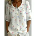 Elegant white blouse featuring Peter Pan collar and colorful tulip floral print pattern - S / Tops / White with Blue Floral