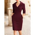 Elegant burgundy V-neck midi dress with three-quarter sleeves and slim waist design. - S / Dresses / Burgundy