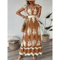 Vestido largo bohemio marrón óxido con estampado floral, cuello en V y cintura para mujer - Vestidos / Amarillo Tierra / S