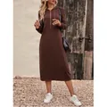 Elegant brown striped hooded long sleeve midi dress with half-zip for women's autumn style - M / Dresses / Coffee