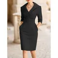 Elegant black V-neck shawl collar dress with pockets and slim waist for formal events - S / Dresses / Black