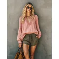 Elegant pink V-neck blouse with ruffle trim and long sleeves for women - S / Tops / Pink