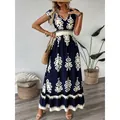 Elegante vestido largo bohemio azul marino con escote en V y cintura elástica - Vestidos / Azul Marino / S