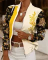 Détails d'une veste bomber pour femme à imprimé baroque et léopard avec fermeture éclair - S / Hauts / Patchwork Noir et Jaune
