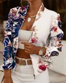 Elegante giacca bomber da donna con stampa floreale, maniche lunghe e zip, blu - Blu e Bianco Patchwork