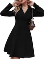 Detail shot of elegant black double-breasted long sleeve dress jacket with waist fit. - S / Tops / Black